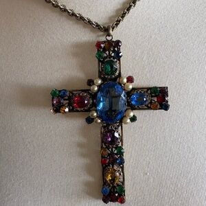 Vintage Multicolor Gem Cross Necklace - Blue Center